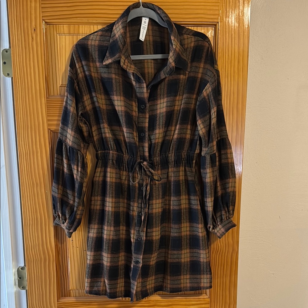 Plaid Button-Up Dress with Tie Waist